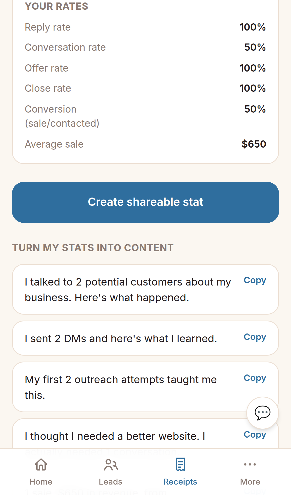 The Receipts page turning a week's stats into ready-to-post content hook ideas